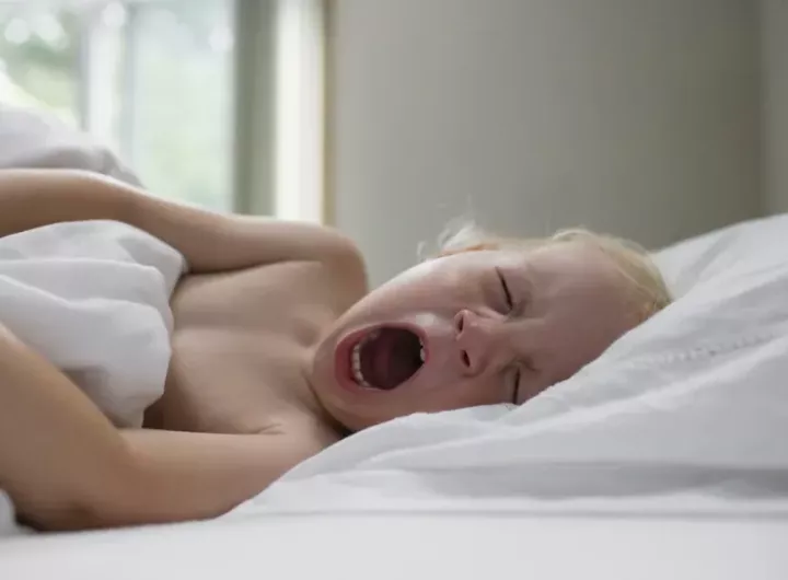 small child lying in bed, yawning